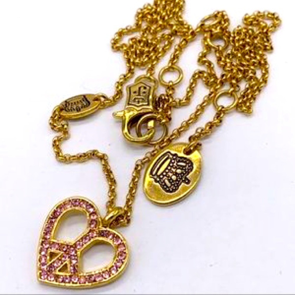 Rare Original Y2K Juicy Couture Gold Necklace with Pink Heart Shaped Peace Sign